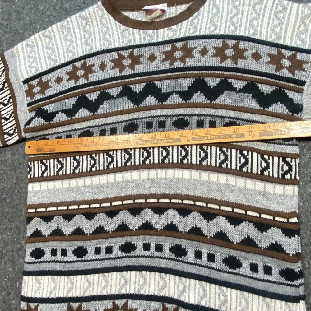JJ Poole Geometric Fair Isle Sweater Sz S Mens Brown Grey 90s Skater Knit Crew